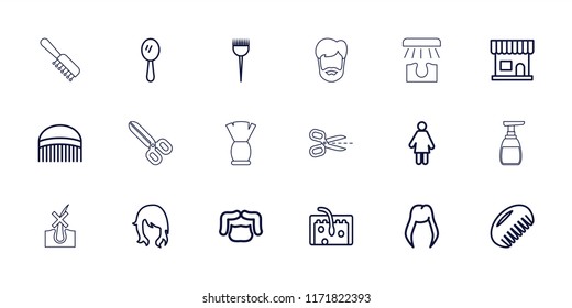 Hair icon. collection of 18 hair outline icons such as comb, woman hairstyle, barber brush, beauty salon, mirror, woman, brush. editable hair icons for web and mobile.