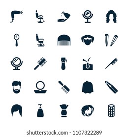 Hair icon. collection of 25 hair filled icons such as comb, mirror, hairdresser peignoir, barber chair, powder, soap, hair dryer. editable hair icons for web and mobile.