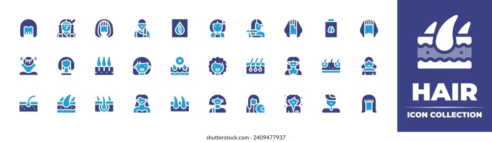 Hair icon collection. Duotone color. Vector and transparent illustration. Containing hair shape, color sample, straightener, dye, transplant, hair removal, hair, follicle.