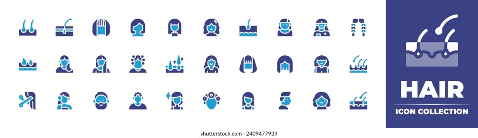 Hair icon collection. Duotone color. Vector and transparent illustration. Containing removal, loss, woman, follicle, wig, dermatology, student, hair, rollers, curlers, person.