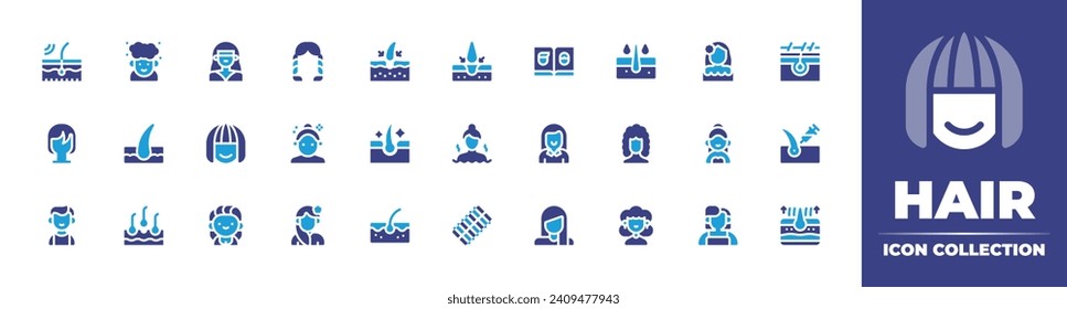 Hair icon collection. Duotone color. Vector and transparent illustration. Containing treatment, transplant, washing, hair loss, hair, laser, wig, sauna, boy, curler, hairstyle.