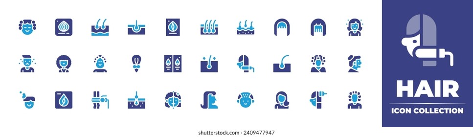 Hair icon collection. Duotone color. Vector and transparent illustration. Containing accesory, follicle, hair, wig, hair cut, woman, tail, removal, avatar, hair curler, loss, color.