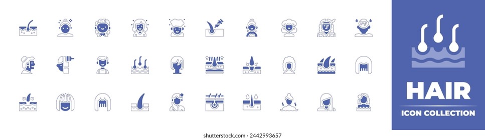 Hair icon collection. Duotone style line stroke and bold. Vector illustration. Containing transplant, washing, loss, hair, wig, sauna, cut, boy, avatar, shape, dyed hair.