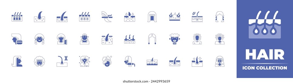 Hair icon collection. Duotone style line stroke and bold. Vector illustration. Containing washing, treatment, follicle, hair, dermis, transplant, laser, afro hair, follicle, kid.