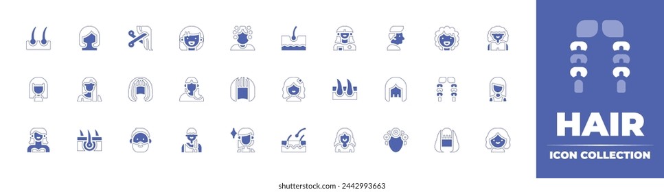 Hair icon collection. Duotone style line stroke and bold. Vector illustration. Containing woman, loss, follicle, wig, student, hair, rollers, shape, curlers, person, mother, kid.