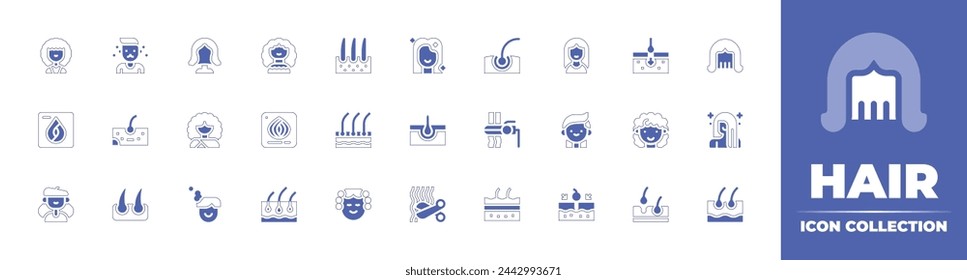 Hair icon collection. Duotone style line stroke and bold. Vector illustration. Containing loss, dermis, woman, beauty, kid, hair, follicles, transplant, accesory, follicle, girl.