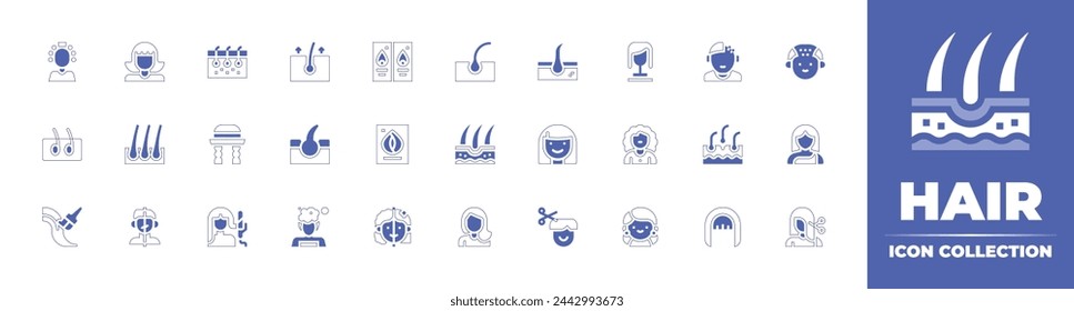 Hair icon collection. Duotone style line stroke and bold. Vector illustration. Containing dye, hair, skin, wash, loss, beauty treatment, transplant, wig, cut, removal.