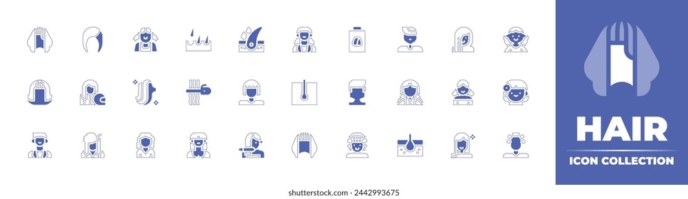 Hair icon collection. Duotone style line stroke and bold. Vector illustration. Containing hair, girl, curling iron, avatar, care, straightener, dye, biker, wig, beauty, teacher, man.