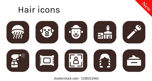 hair icon set. 10 filled hair icons.  Simple modern icons about  - Medusa, Clown, Paint brush, Makeup, Spray, Makeup remover, Portrait, Hairstyle, Hair mask