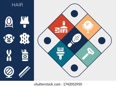 hair icon set. 13 filled hair icons.  Simple modern icons such as: Comb, Mirror, Scissors, Spray bottle, Clown, Skin, Paint brush, Razor