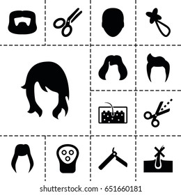 Hair icon. set of 13 filled hairicons such as woman hairstyle, face, man hairstyle, bllade razor, no hair in skin, electric razor, hairstyle