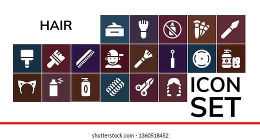 hair icon set. 19 filled hair icons.  Collection Of - Hair mask, Paint brush, Headband, Spray, Gel, curler, Scissors, Hairstyle, Brush, Comb, Boy, Makeup, Mirror, Focus, Shampoo