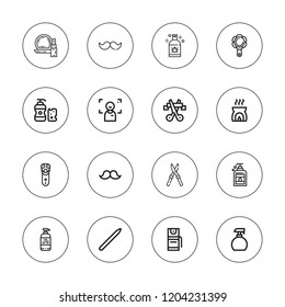 Hair icon set. collection of 16 outline hair icons with electric razor, gel, hand mirror, focus, makeup, liquid soap, incense, moustache, mustache, nail brush icons.