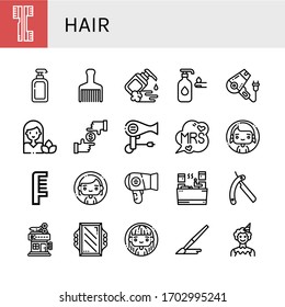 hair icon set. Collection of Brushes, Lotion, Hair brush, Moisturizer, Hair dryer, Woman, Focus, Mrs, Comb, Sauna, Shaving razor, Barbershop, Mirror, Brush, Clown icons