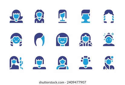 Hair icon set. Duotone color. Vector illustration. Containing hair style, wig, hairstyle, girl, woman, kid, beauty, teacher, curling iron, myanmar, curlers.