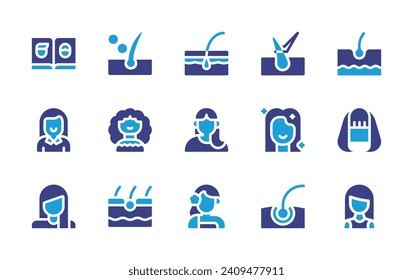 Hair icon set. Duotone color. Vector illustration. Containing hair treatment, hair transplant, woman, beauty, hair, student, wig, hairstyle.