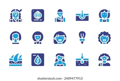 Hair icon set. Duotone color. Vector illustration. Containing accesory, hair follicle, woman, tail, hair color sample, hair transplant, native american, person, wig, kid, skin, avatar.