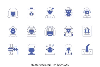 Hair icon set. Duotone style line stroke and bold. Vector illustration. Containing avatar, follicle, hair color sample, hair dye, hair curler, wig, beauty, person, woman, myanmar, aunt, before.