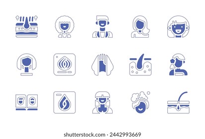 Hair icon set. Duotone style line stroke and bold. Vector illustration. Containing washing, loss, dermis, accesory, woman, color sample, hair cut, hair, man, hairstyle, wig.