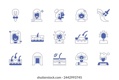 Hair icon set. Duotone style line stroke and bold. Vector illustration. Containing dye, loss, wash, beauty, beauty treatment, laser, wig, hair cut, tail, avatar, skin.