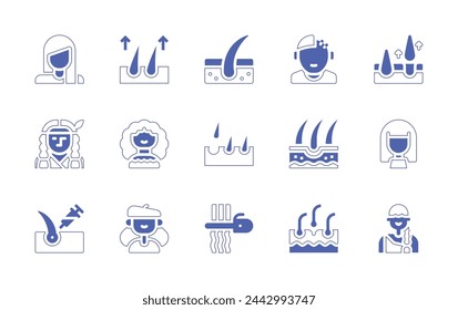 Hair icon set. Duotone style line stroke and bold. Vector illustration. Containing removal, hair transplant, hair, skin, hair loss, woman, curling iron, hairstyle, native american, person, wig.