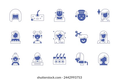 Hair icon set. Duotone style line stroke and bold. Vector illustration. Containing woman, hair cut, shape, hair straightener, hair, removal, transplant, wig, girl, mother, scientific.