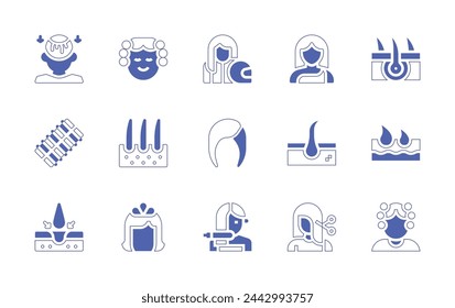 Hair icon set. Duotone style line stroke and bold. Vector illustration. Containing transplant, hair, dermatology, curler, straightener, biker, wig, curlers, girl, dermathology, haircut.