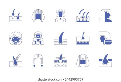 Hair icon set. Duotone style line stroke and bold. Vector illustration. Containing loss, transplant, hair, kid, curler, hair treatment, wig, woman.