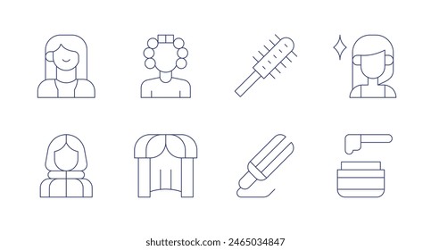 Hair icons. Editable stroke. Containing anorak, haircurler, hairiron, hairbrush, waxing, wig, woman.