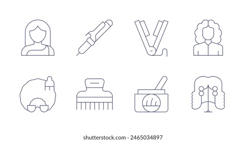 Hair icons. Editable stroke. Containing afro, girl, hairbrush, haircurler, hairremoval, hairstraightener, wig, woman.