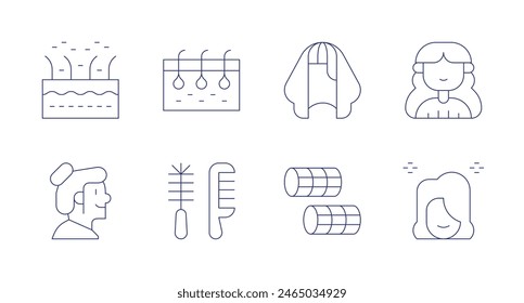 Hair icons. Editable stroke. Containing avatar, dandruff, haircomb, hairrollers, hairstyle, skin, wig, woman.