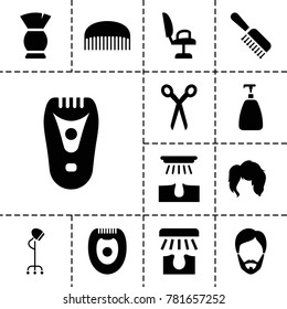 Hair icons. set of 13 editable filled hair icons such as barber scissors, hair removal, soap, brush, electric razor, comb, barber chair