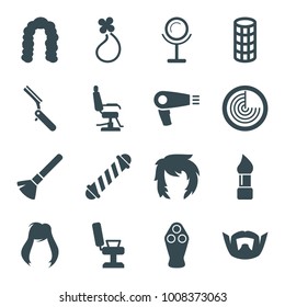 Hair icons. set of 16 editable filled hair icons such as radar, hair dryer, shaving brush, barber chair, brush, hair curler, hairstyle, mirror, bllade razor