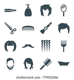 Hair icons. set of 16 editable filled hair icons such as hair straightener, woman hairstyle, man hairstyle, bath, barber scissors, mirror, mustache, comb, shaving brush, soap