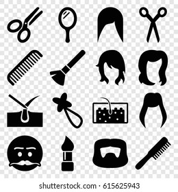 Hair icons set. set of 16 hair filled icons such as barber scissors, comb, woman hairstyle, mirror, shaving brush, brush, shave hair in skin, man hairstyle, emot with mustache