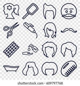 Hair icons set. set of 16 hair outline icons such as comb, man hairstyle, mustache, barber scissors, woman hairstyle, mirror, hair curler, liquid soap, bath