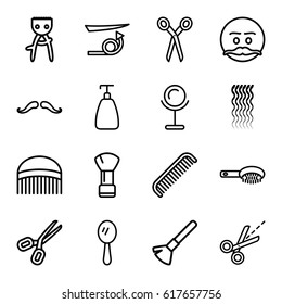 Hair icons set. set of 16 hair outline icons such as barber scissors, mustache, comb, shaving brush, mirror, soap, scissors