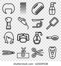 Hair icons set. set of 16 hair outline icons such as comb, hair straightener, hair brush, shaving brush, mirror, electric razor, bottle soap, soap