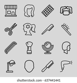 Hair icons set. set of 16 hair outline icons such as comb, face, mirror, salon hair dryer, beauty salon, shaving brush, hair curler