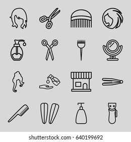 Hair icons set. set of 16 hair outline icons such as barber scissors, comb, woman hairstyle, mirror, electric razor, barber brush, beauty salon, soap, liquid soap