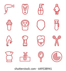 Hair icons set. set of 16 hair outline icons such as radar, barber scissors, mirror, face, electric razor, shaving brush, no hair in skin, woman hairstyle, brush, bottle soap