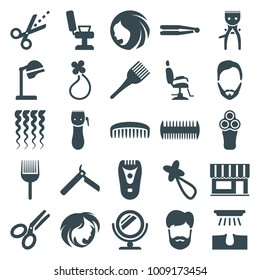 Hair Icons. Set Of 25 Editable Filled Hair Icons Such As Woman Hairstyle, Bllade Razor, Electric Razor, Hair Straightener, Salon Hair Dryer, Coloring Brush, Scissors, Comb