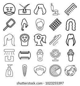 Hair icons. set of 25 editable outline hair icons such as comb, woman hairstyle, electric razor, mirror, hair curler, shave hair in skin, hairstyle, emot with mustache, radar