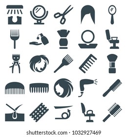 Hair icons. set of 25 editable filled hair icons such as comb, woman hairstyle, mirror, shaving brush, barber chair, powder, coloring brush, liquid soap