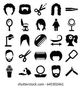 Hair icons set. set of 25 hair filled icons such as comb, mirror, bllade razor, electric razor, hair straightener, woman hairstyle, salon hair dryer, barber chair, powder