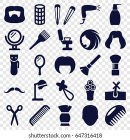 Hair icons set. set of 25 hair filled icons such as comb, barber scissors, mirror, face, mustache, woman hairstyle, electric razor, salon hair dryer, shaving brush