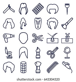 Hair icons set. set of 25 hair outline icons such as woman hairstyle, face, comb, hair dryer, bllade razor, barber brush, shaving brush, barber chair, brush, mirror