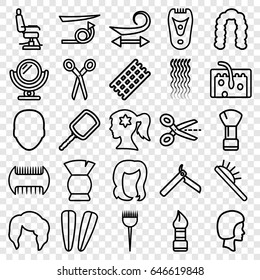 Hair icons set. set of 25 hair outline icons such as barber scissors, comb, face, mirror, bllade razor, barber brush, shaving brush, barber chair, hair curler, curly hair