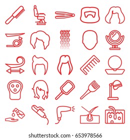 Hair icons set. set of 25 hair outline icons such as comb, woman hairstyle, face, man hairstyle, mirror, hair straightener, salon hair dryer, powder, electric razor