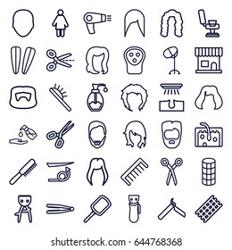 Hair icons set. set of 36 hair outline icons such as barber scissors, comb, woman hairstyle, face, hair dryer, bllade razor, electric razor, hair straightener, beauty salon